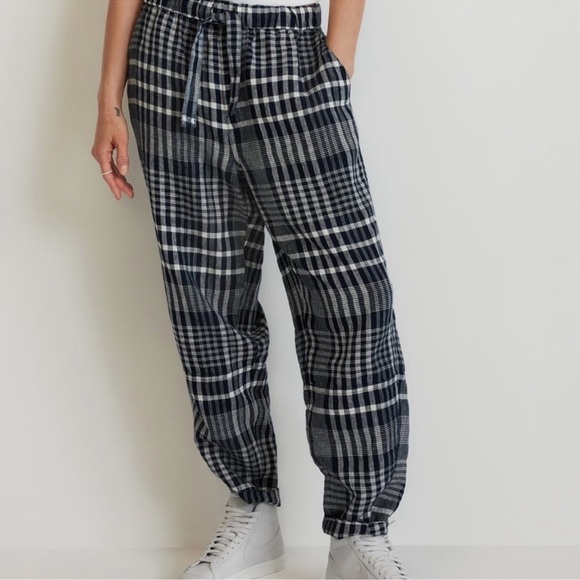 NWT Everlane The Linen Pull On Barrel Pants Navy Plaid Tie Front M High Waist - Picture 2 of 12